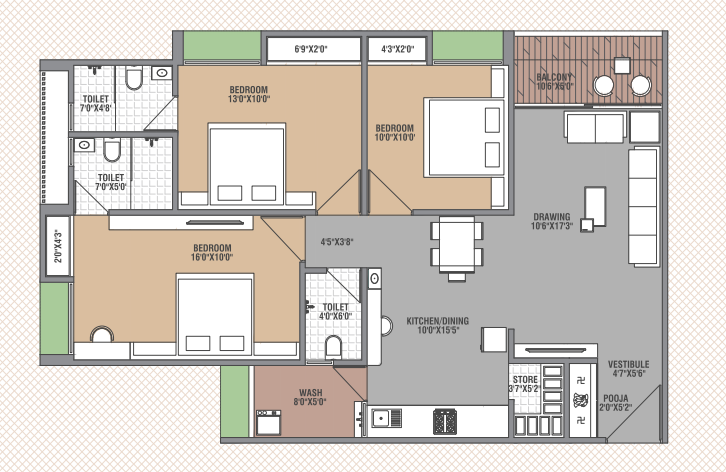 3 BHK floor plan