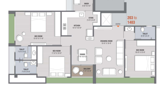 3 BHK floor plan