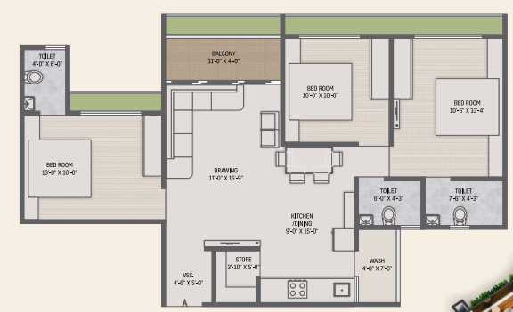 3 BHK floor plan