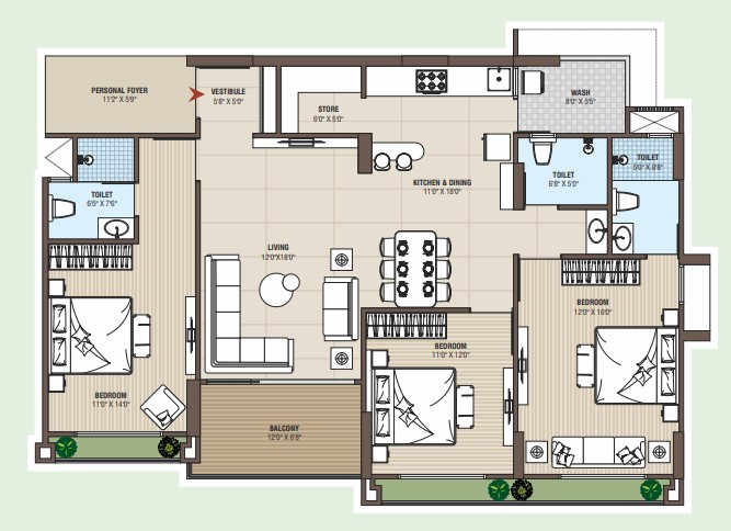 3 BHK floor plan