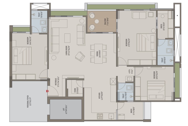3 BHK floor plan