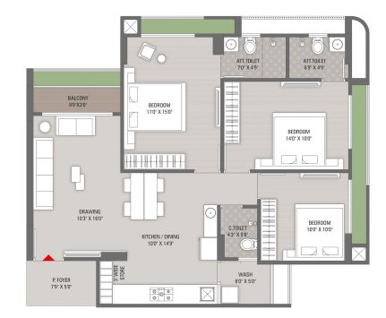 3 BHK floor plan