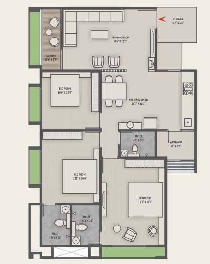 3 BHK floor plan