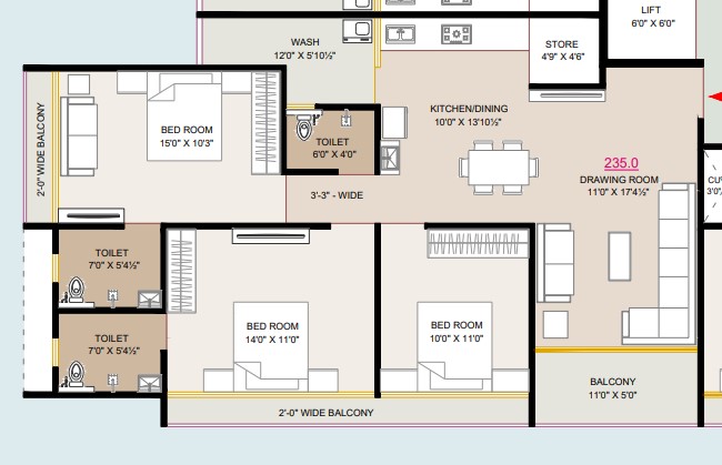 3 BHK floor plan