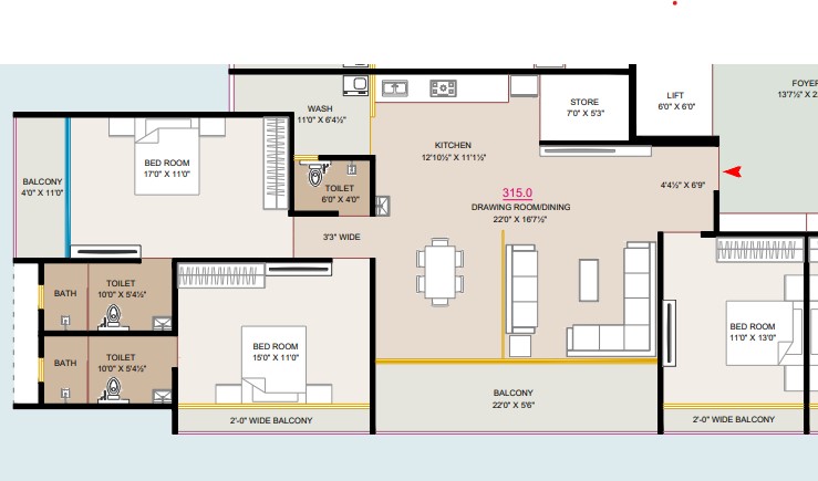 3 BHK floor plan