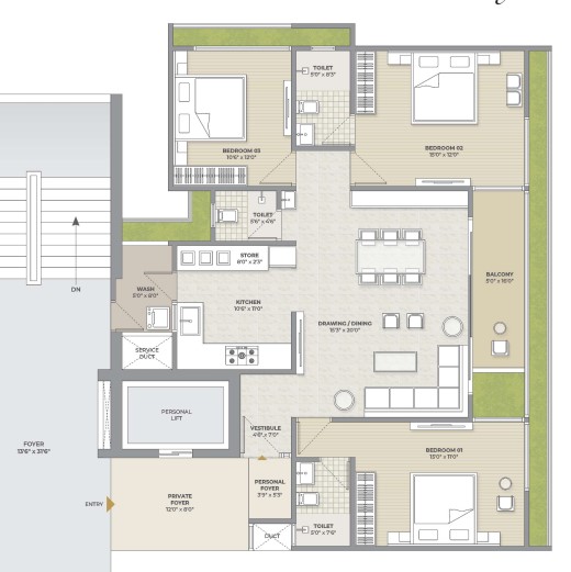 3 BHK floor plan