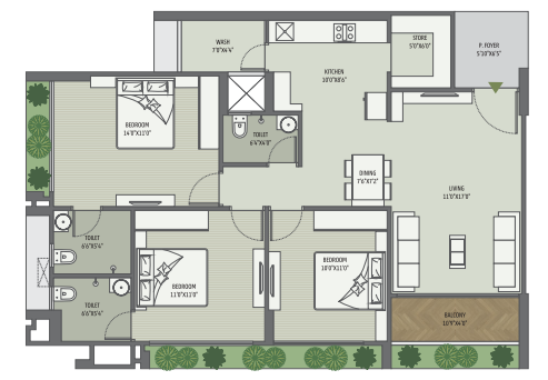 3 BHK floor plan