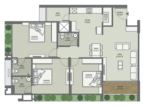 3 BHK floor plan