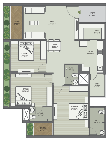 3 BHK floor plan