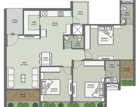 3 BHK floor plan