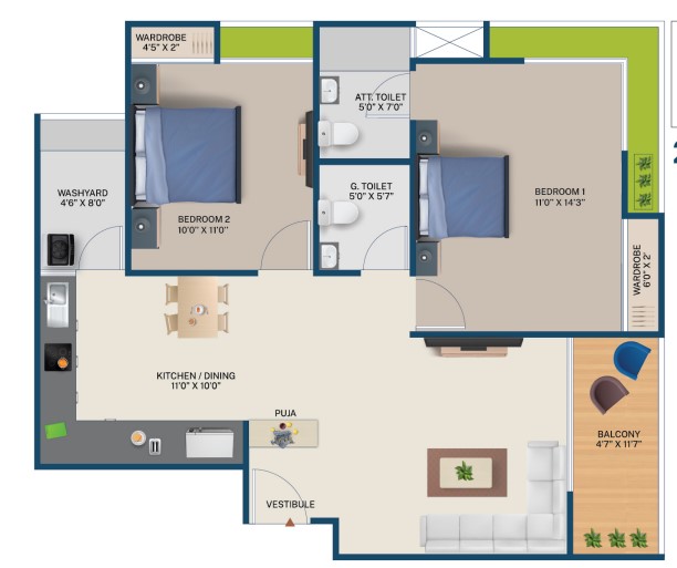 2 BHK floor plan
