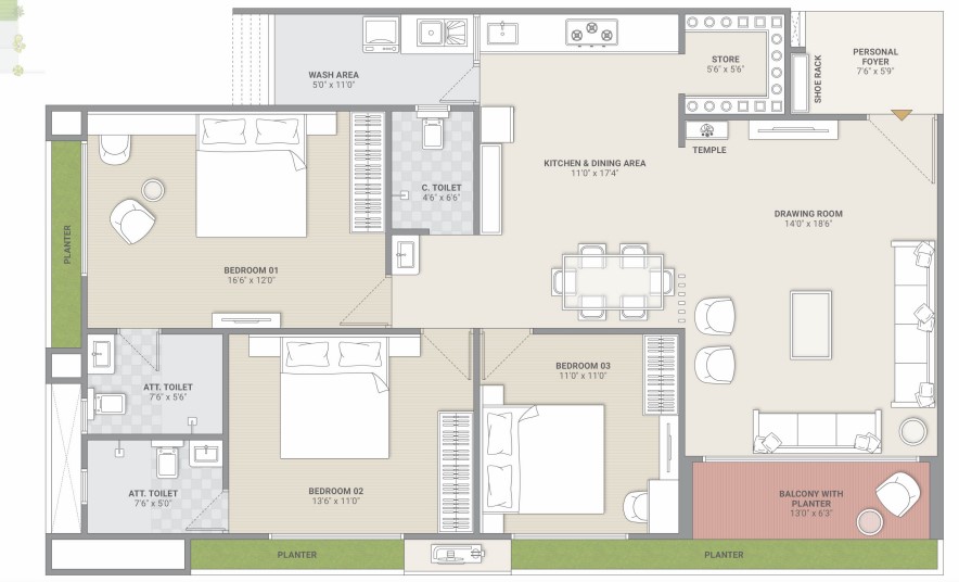 3 BHK floor plan