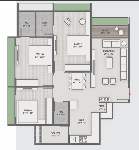 3 BHK floor plan