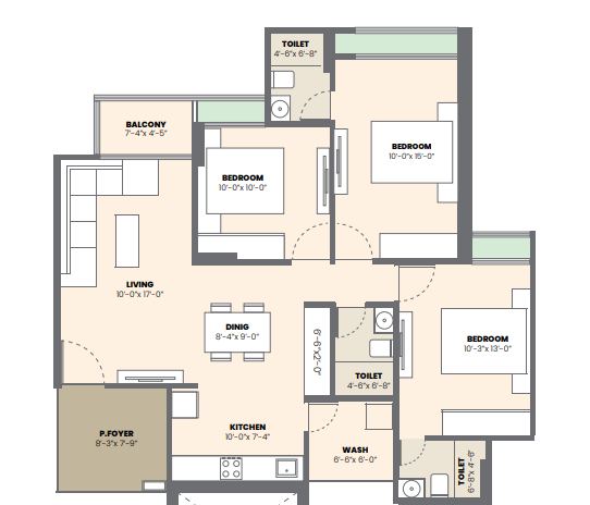 3 BHK floor plan