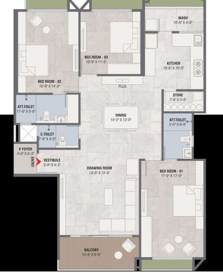 3 BHK floor plan