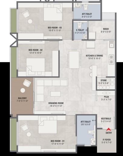 3 BHK floor plan