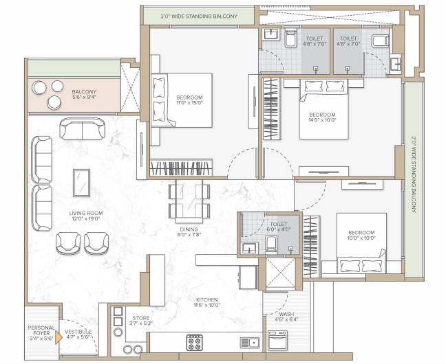3 BHK floor plan