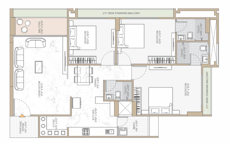 3 BHK floor plan