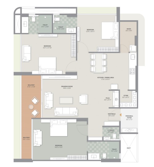 3 BHK floor plan