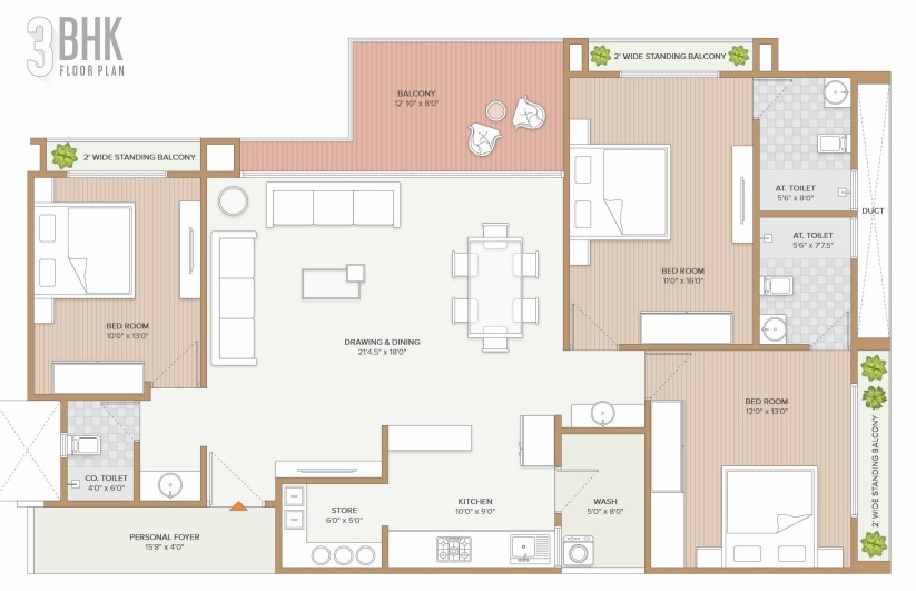 3 BHK floor plan