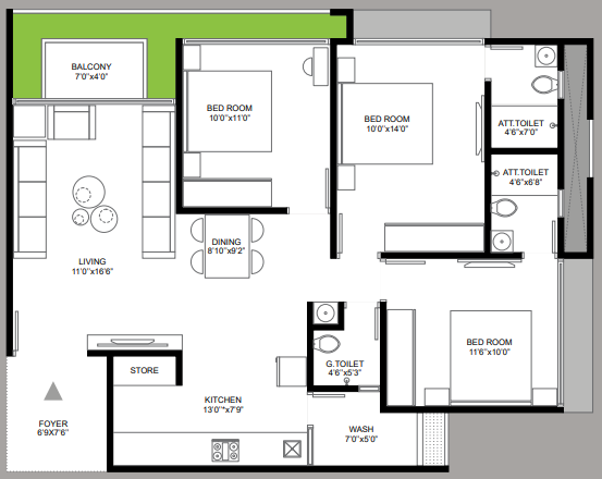 3 BHK floor plan