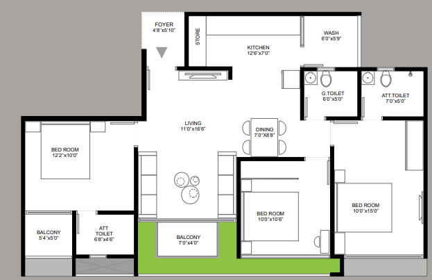 3 BHK floor plan