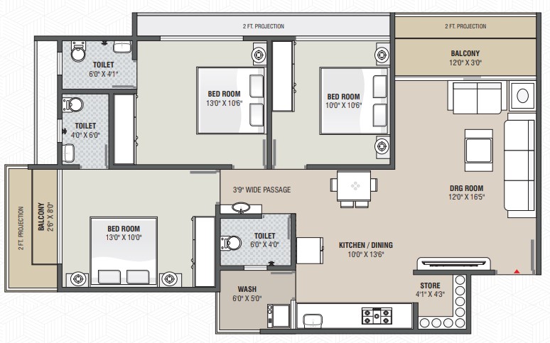 3 BHK floor plan
