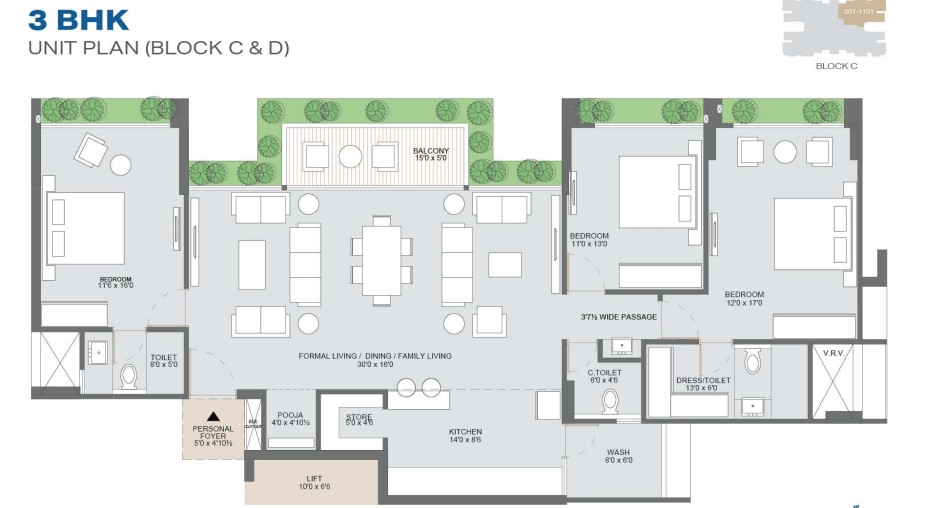 3 BHK floor plan