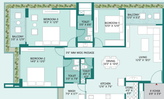 3 BHK floor plan
