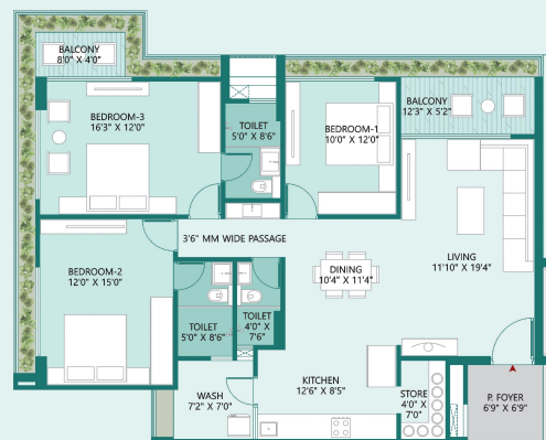 3 BHK floor plan