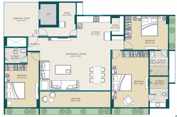 3 BHK floor plan