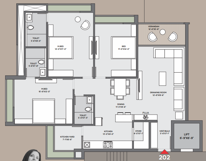 3 BHK floor plan