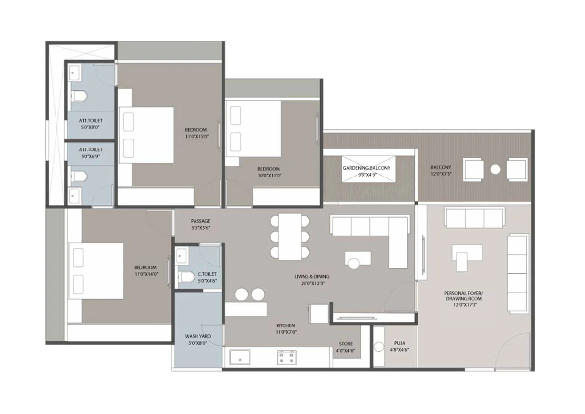 3 BHK floor plan
