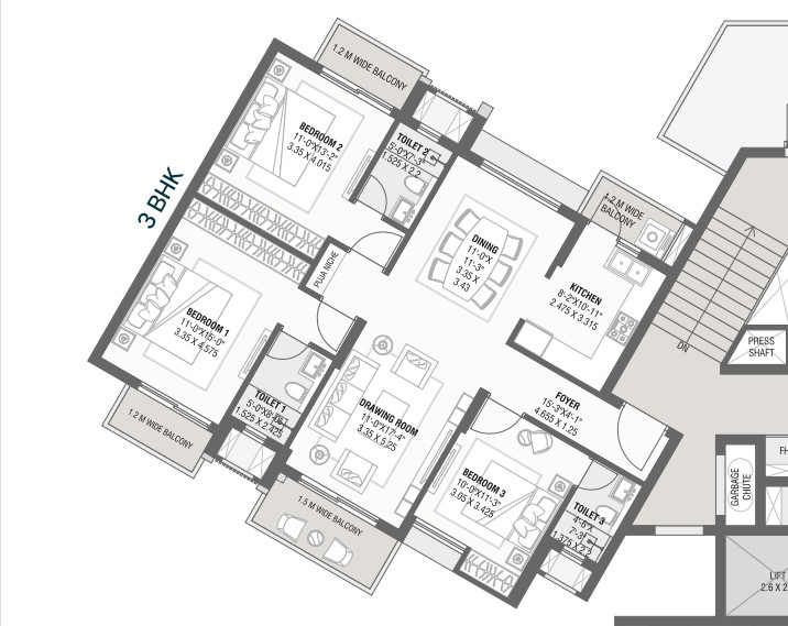 3 BHK floor plan