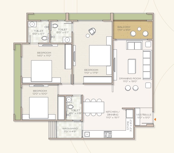 3 BHK floor plan