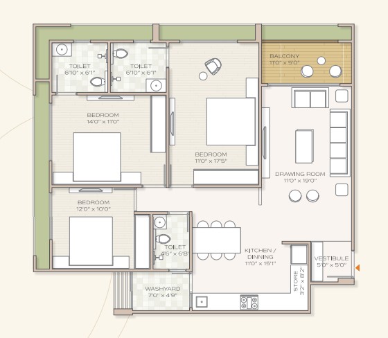3 BHK floor plan