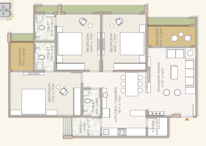 3 BHK floor plan