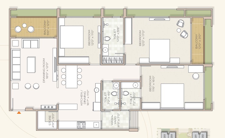 3 BHK floor plan