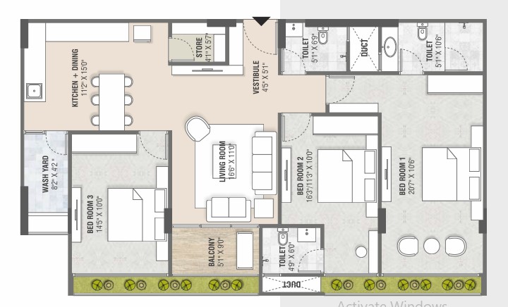 3 BHK floor plan