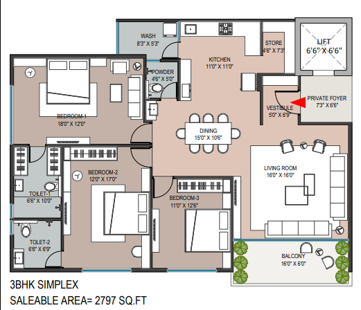 3 BHK floor plan