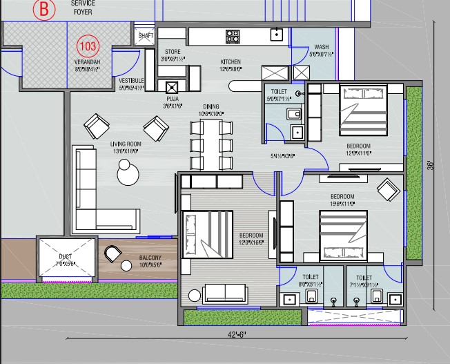 3 BHK floor plan
