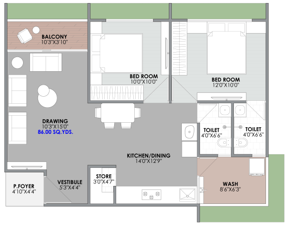 2 BHK floor plan